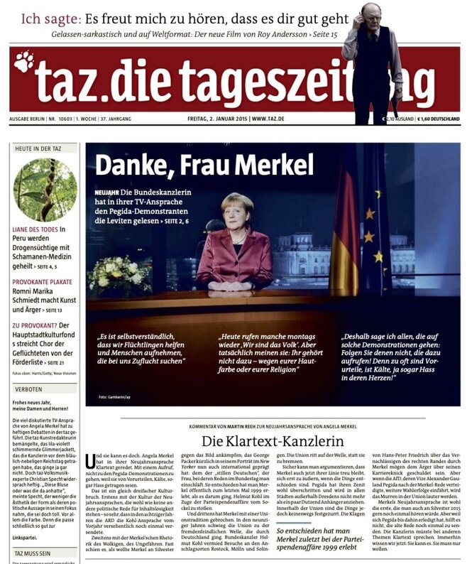 taz-Titelseite vom 2.1.2015 mit der Zeil "Danke, Merkel"