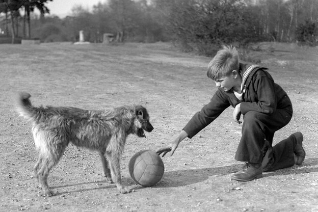 Historische Aufnahme eines Jungen mit Ball und Hund.