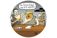 Farbiger Cartoon: Donald Trump, Elon Musk und Melania Trump stehen in Steinzeitbekleidung hinter einem Pult. Elon und Donald haben Steinkeulen in der Hand. Donald sagt: „Der Fortschritt lässt sich nicht aufhalten“