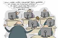 Karikatur zum Thema Passwörter: Menschen sitzen hinter den Bildschirmen ihrer Computer - jemand steht vor ihnen und lässt das PAsswort ändern