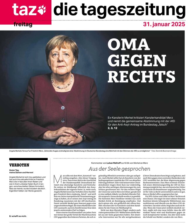 taz Titelseite mit der Zeile "Oma gegen rechts" neben Angela Merkel