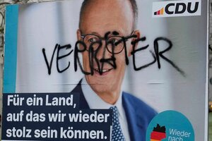 Ein CDU Wahlplakat. Merz' Gesicht ist mit dem Wort 