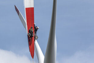 Industriekletterer montieren einen Kamm aus dreieckigen Zacken am Rotorblatt