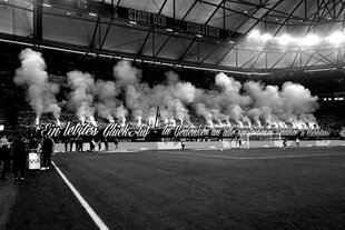 Zu sehen sind Fans von Schalke 04 in einer Choreo mit Bengalos.