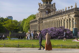 Frühling am Dresdner Zwinger Prachtvoll blüt der Flieder am Zwingergraben. Ein muslimisches Paar spaziert im Vordegrund