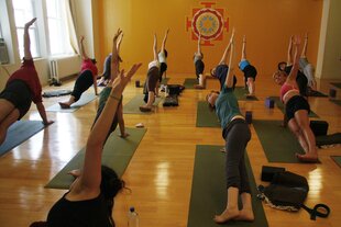 Viele Menschen machen Yoga auf Matten in einem Raum