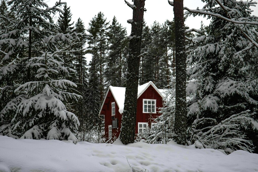 Typisches rotes schwedisches Haus in einer Winterlandschaft im Wald mit Eis und Schnee