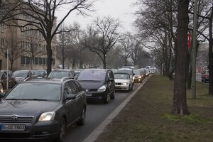 Autoverkehr zwischen kahlen Bäumen