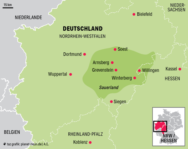 Karte von Nordrhein-Westfalen und dem Sauerland