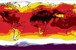 Eine Weltkarte, auf der Länder und Kontinente eingefärbt sind. Die Farbskala reicht von schwarz über rot und gelb zu weiß.