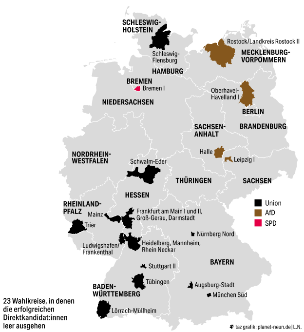 Deutschlandkarte, in der die Wahlkreise eingefärbt sind, in denen die Direktkandidaten kein Mandat erhalten