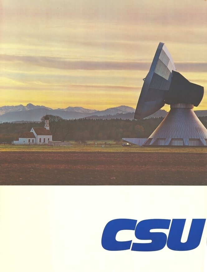 CSU Wahlplakat Kirche und Erdfunkstelle Raisting mit Landschaft