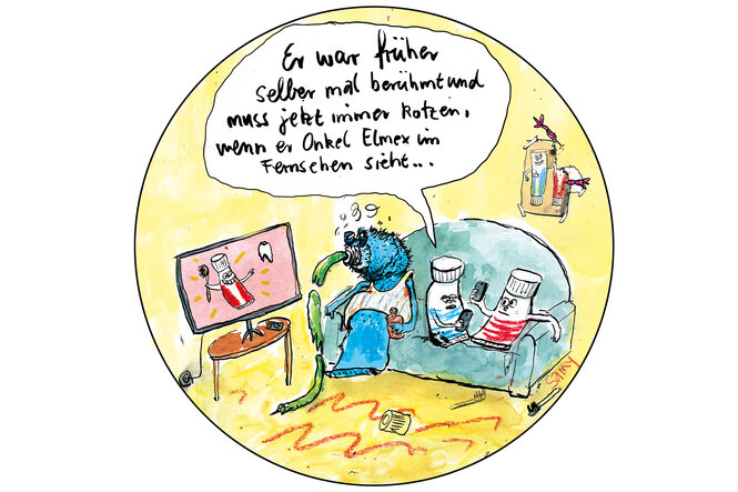 Comic: Eine Zahnpastatube sitzt auf dem Sofa und schaut Elmex-Werbung im Fernsehen . Neben ihr sitzen zwei kleine Zahnpastatuben. Die eine kleine sagt zur anderen: "Er war früher selber mal berühmt und jetzt muss er immer kotzen, wenn er Onkel Elmex im Fernsehen sieht."