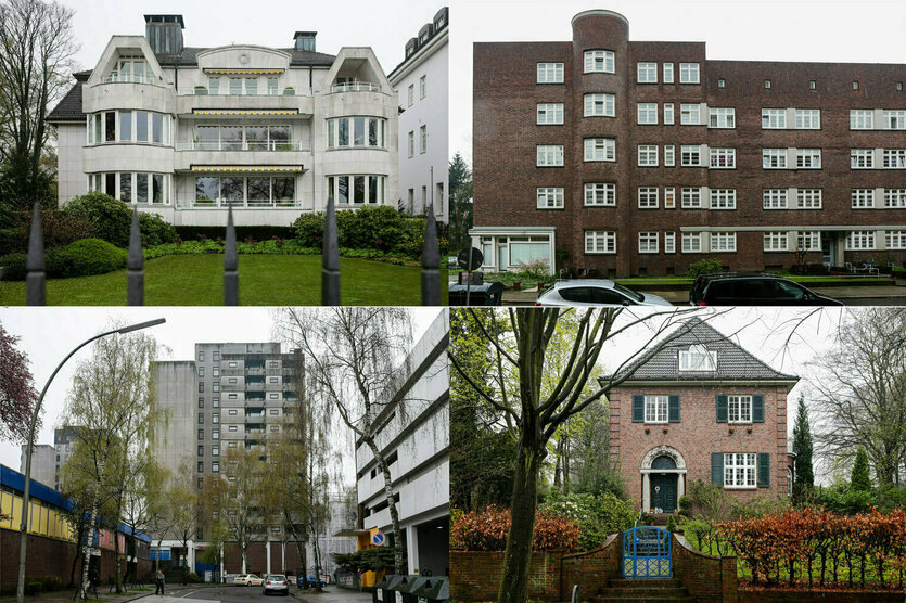 Die Bildkombo zeigt einen Blick auf Häuser in verschiedenen Hamburger Stadtteilen. Von links oben nach rechts unten: Villa an der Alster, Klinkerhaus in Hamm, Mietskaserne im Schanzenviertel, Hochhaus in Mümmelmannsberg, «Hamburger Kaffeemühle» in Bergedorf