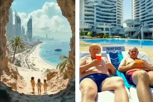 Aus dem KI genereierten Trump Video, drei Kinder laufen aus einer Hölle auf einen Strand mit Hochhäusern zu (li) auf dem Foto recht liegen Donald Trump und Benjamin Nethanjahu in Badehose auf Liegestühlen am Pool. auf dem Schild steht: Trump Gaza