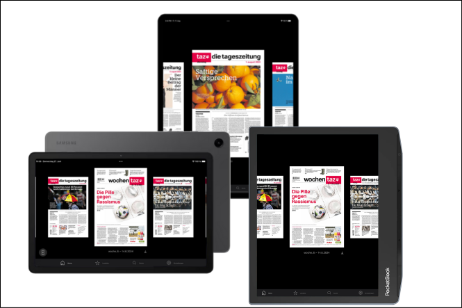 Grafische Collage der drei bestellbaren Geräte, eines iPads, eines Samsung-Tablets und eines Pocket Books, vor weißem Hintergrund.