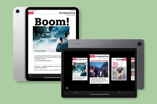 Grafische Collage der zwei bestellbaren Geräte: ein iPads und ein Samsung-Tablet, auf denen die taz-App geöffnet ist.