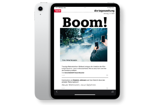 Abbildung eines iPad 11 mit der geöffneten taz App