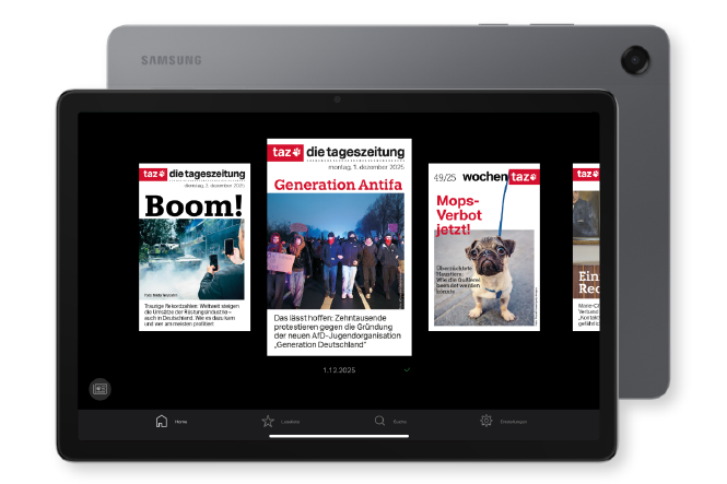 Abbildung eines Samsung Galaxy TAB A11 mit der geöffneten taz App