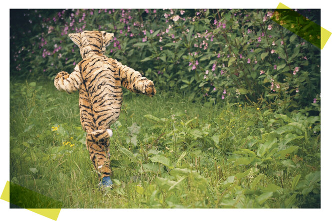 Ein Kind ist in ein Tigerkostüm gekleidet und läuft durch einen Garten