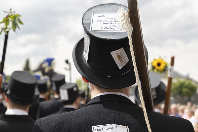 Ein Schütze der Wildeshauser Gilde beim Gildefest 2024, während des Aufmarsches inmitten anderer Schützen von hinten fotografiert. Der Mann trägt den gildetypischen schwarzen Zylinder, schwarzen Frack und ein Holzgewehr. Auf seinem Hut klebt ein Aufkleber mit der Aufschrift "Der Papagoy ist mein Lieblingstier, denn ich bin gut zu Vögeln"