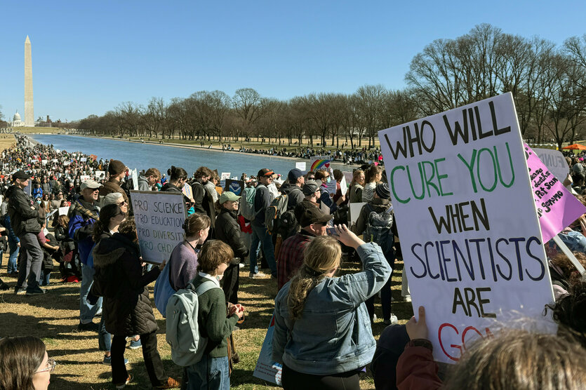 Bei einer Demonstration ist ein Schild mit der Aufschrift "Wer wird dich heilen, wenn die Wissenschaftler weg sind" zu sehen