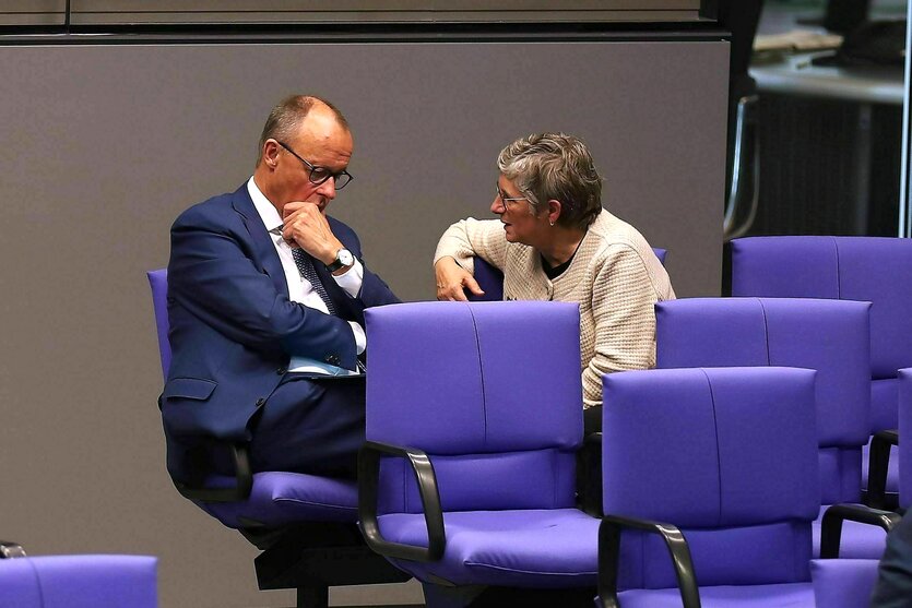 Friedrich Merz sitzt mit Britta Haßelmann im Bundestag