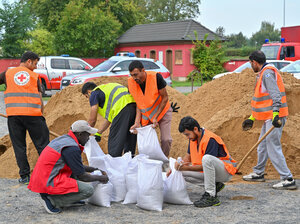 Migranten befüllen Sandsäcken gegen das drohende Hochwasser am deutsch-polnischen Grenzflusses Oder.