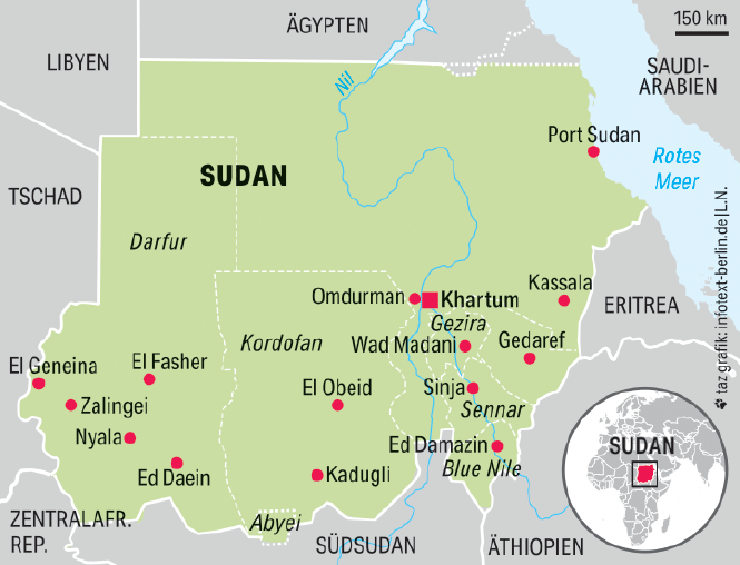 Eine Landkarte auf der der Sudan zu sehen ist