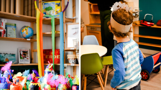 Linkes Foto: Inneneinrichtung der Kita mit bunten Pappfiguren, bücher und ein Globus im Regal Foto rechts: Ein junge mit Krone auf dem Kopf geht durch die Kitaräume