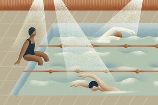 Illustration zeigt ein Hallenbad, in dem die SchwimmerInnen durch Lichtkegel erfasst werden