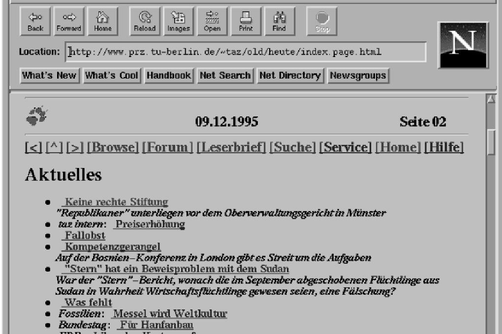 Die taz im Internet am 9.12.1995, alle Artikel der Seiten 2 und 3 sind aufgelistet