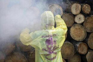 Eine Person steht in einem Gasnebel vor einem Holzstapel