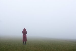 Eine Person im roten Mantel schaut über ein nebliges Feld