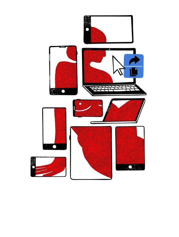 Illustration: Bildschirme von vielen Tablets und Laptops daruf der Körper einer Frau