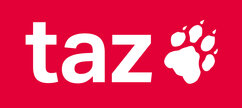 Das Logo der taz: Weißer Schriftzung t a z und weiße Tatze auf rotem Grund.