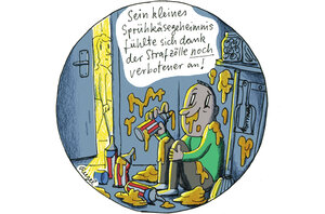 Cartoon bunt: EIn Mann sitzt in einer dunklen Kammer, durch die halboffene Tür fällt Licht. Ein Mann sitzt in der Ecke. Er hält eine Sprühdose in der Hand, überall klebt eine gelbe Masse. In der Textblase steht: Sein kleines Sprühkasegeheimnis fühlt sich