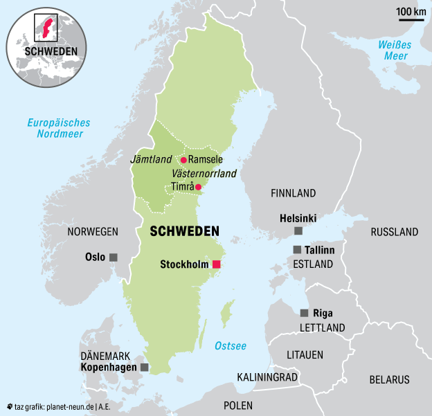 Grafik von Schweden mit Gebieten aus der Reportage