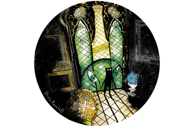 Eine Zeichnung einer Gestalt mit Katzenohren, die eine Kirche betritt.