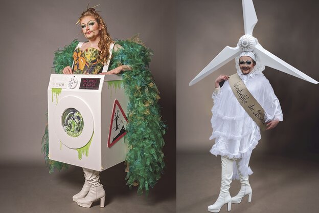 Drag Person verkleidet einmal als Waschmaschine und einmal als Windrad