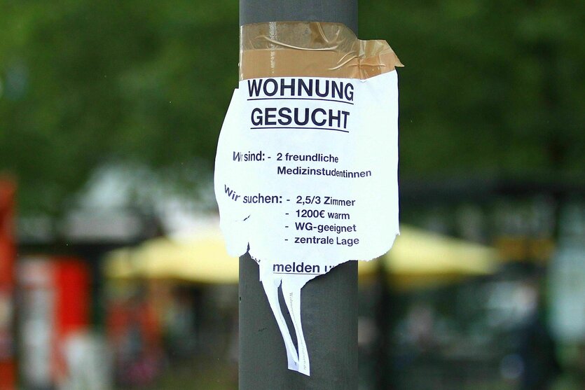 An einem Laternenpfahl hängt ein Zettel mit einem Wohnungsgesuch von zwei Medizinstudentinnen.