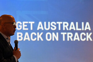 Die Silhouette von Peter Dutton vor einem blauen Hintergrund mit der Schrift 