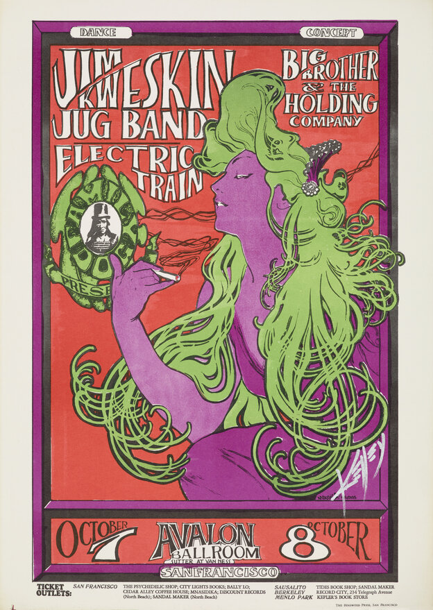 Poster im Jugendstil mit psychedelischen Farben für ein Konzert der Jim Kweskin Jug Band