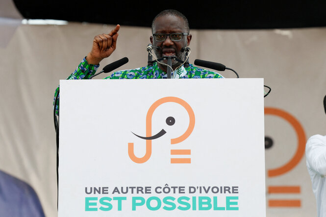 Tidjane Thiam spricht auf einer Kundgebung im Februar