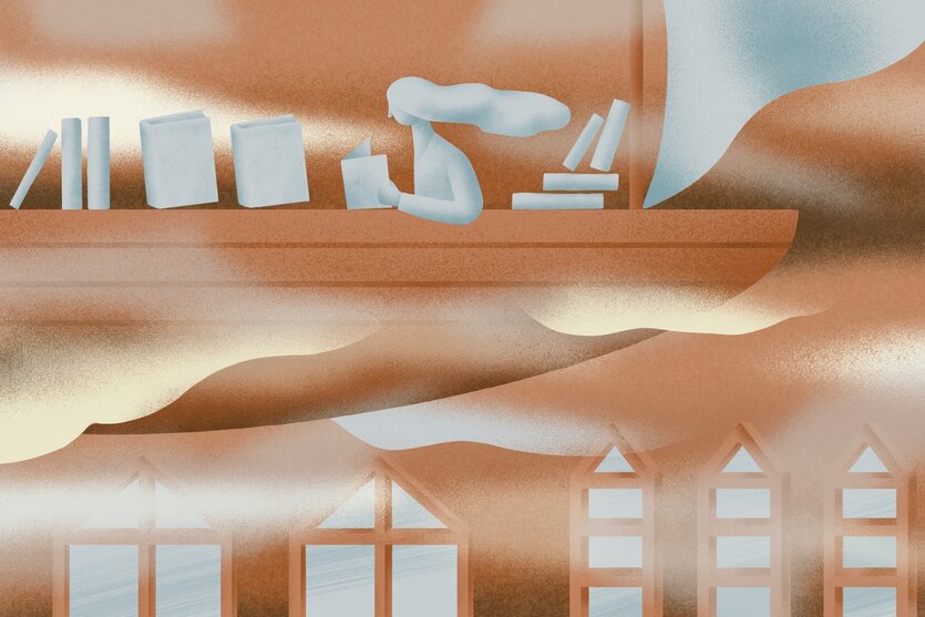 Illustration eines Kirchenraums mit Bibliothek