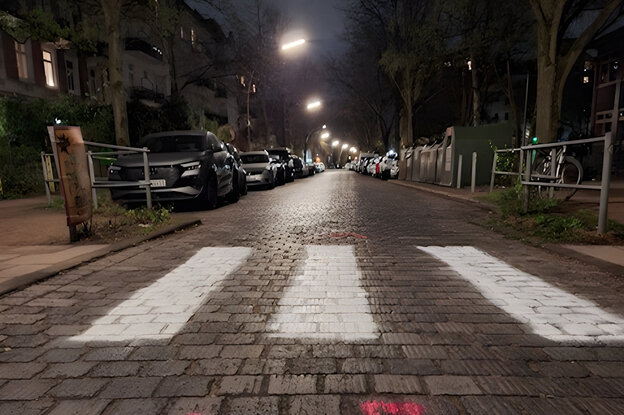 Ein selbst auf die Straße gemalter Zebrastreifen in der Nacht