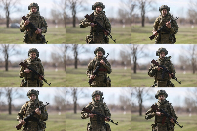 Ein Kombinationsbild zeigt junge Rekruten der ukrainischen Armee