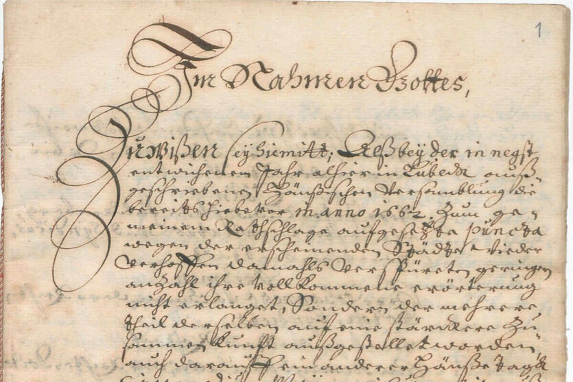 Verschnörkeltes Schriftstück - der Rezess des letzten Hansetages vom 1669