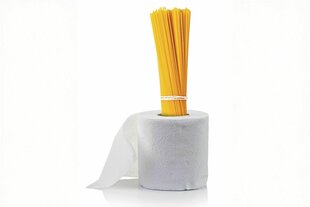 Ein Bündel Spaghetti steht in einer Klorolle