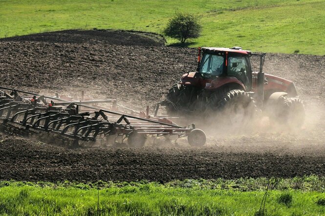 Ein Traktor bringt auf einem Feld Saatgut auf